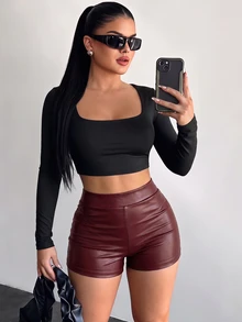 SHEIN SXY High Waist PU Leather Straight Leg Shorts - Burgundy - View 2