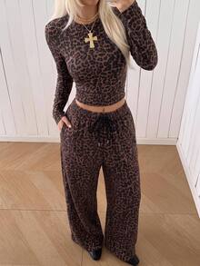 SHEIN EZwear 秋季新款復古棕色豹紋圖案抓皺長袖T恤與長褲兩件套，復古學院風，適合秋冬、畢業季、返校、派對、聚會 - 彩色 - 查看 5