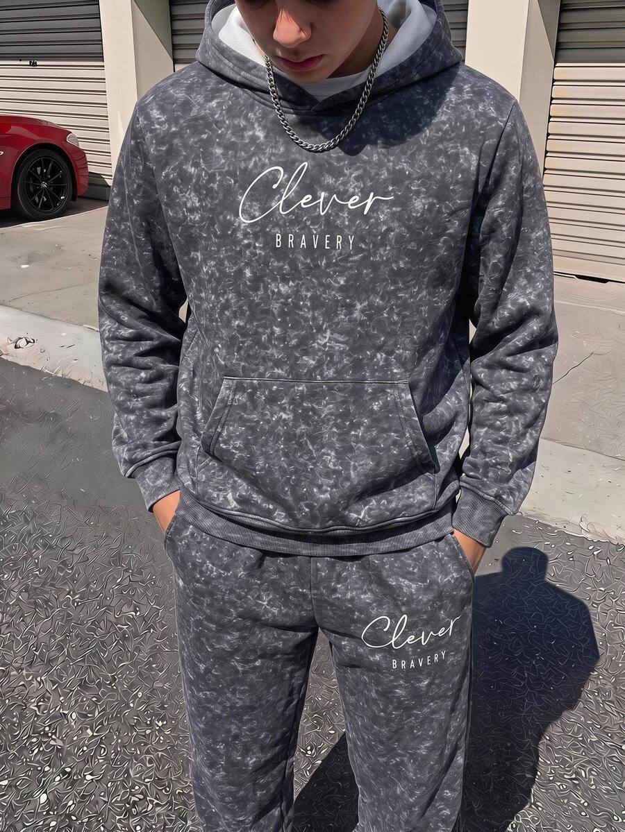 SHEIN 兒童青少年男孩休閒雪洗灰色連帽衛衣套裝，包含連帽衫與慢跑運動長褲，適合秋冬、上學、家庭聚會、度假、派對，秋季穿搭、冬季穿搭，男孩兒童套裝