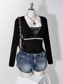 SHEIN ICON Plus Size Y2K Lace Patchwork V-Neck Long Sleeve Inner Top - Black - View 5