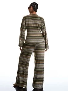 LYSMO Plus Size Women's Autumn/Winter Striped Long Sleeve Top And Pants Casual Daily 2 Pieces Set - Multicolor - View 2