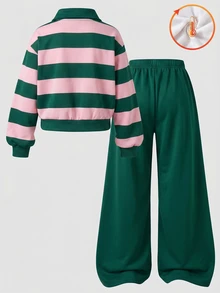 SHEIN 青少年女孩長袖抓絨秋季套裝 2件組 入學季酒紅色紐約字母圖案立領衛衣與長褲套裝 - 綠色 - 查看 2