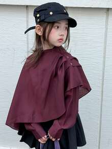 DAZY Tween Girl) Design Asymmetric Spring Long Sleeve Middle East Patchwork Shirt - Burgundy - View 1