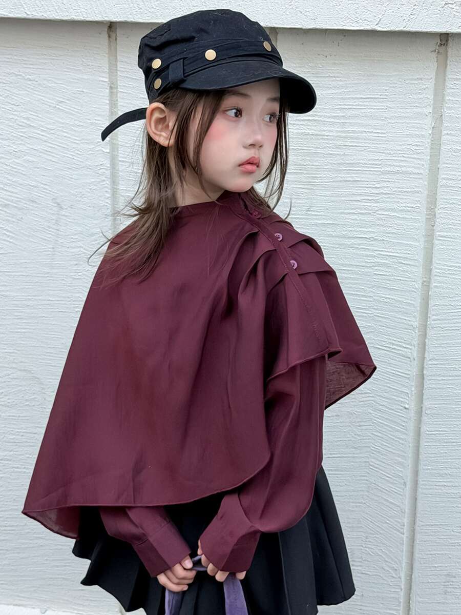DAZY Tween Girl) Design Asymmetric Spring Long Sleeve Middle East Patchwork Shirt - Burgundy - View 1