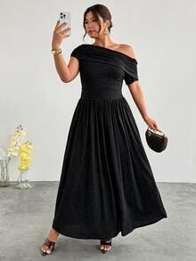 Firerie Plus Size Women's Elegant Solid Color Shimmer Fabric Dress, Asymmetrical Neckline Design To Highlight Graceful Curves; Suitable For Summer Weddings, Evening Parties, Cocktail Parties, Graduation Ceremonies And Other Formal Occasions. - Black - View 6