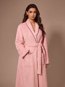 Lazeform Dual Pocket Shawl Collar Belted Flannel Lounge Robe - Pink - View 4
