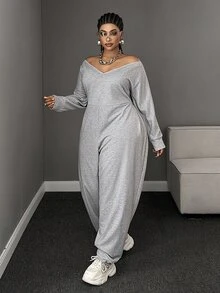 Maweii Plus Size European & American Sexy V-Neck Grey Long Sleeve Sports Sweatshirt Jumpsuit - Grey - View 5