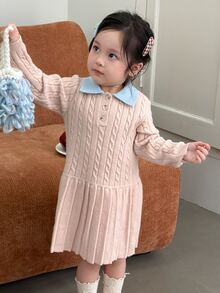 Dazy Kids Infant/Toddler (Girls) Turn-Collar Colorblock Korean Style Long Sleeve Autumn/Winter Sweater Dress - Watermelon Pink - View 7