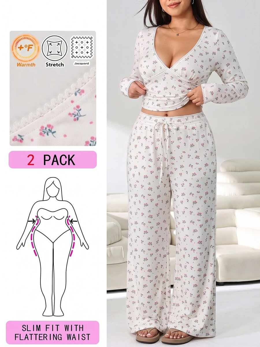 Solflare Plus Size Floral Print Long Sleeve Top And Drawstring Waist Pants 2 Pieces Set,Fall,Winter,Casual,Going Out - Multicolor - View 1