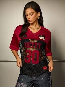 Betty Boop x SHEIN Women's Letter Cartoon Print Lace Patchwork Casual Daily T-Shirt - Red - View 5