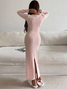 DAZY Floral Print Fitted Square Neck Long Sleeve Cinched Waist Long Dress Nightgown For Women - Pink - View 2
