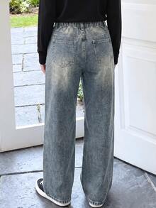 SHEIN 女孩新款四季休閒時尚簡約百搭美式復古水洗磨損牛仔長褲，高腰鬆緊腰寬鬆闊腿褲，Y2K風格 - 中等水洗藍 - 查看 2