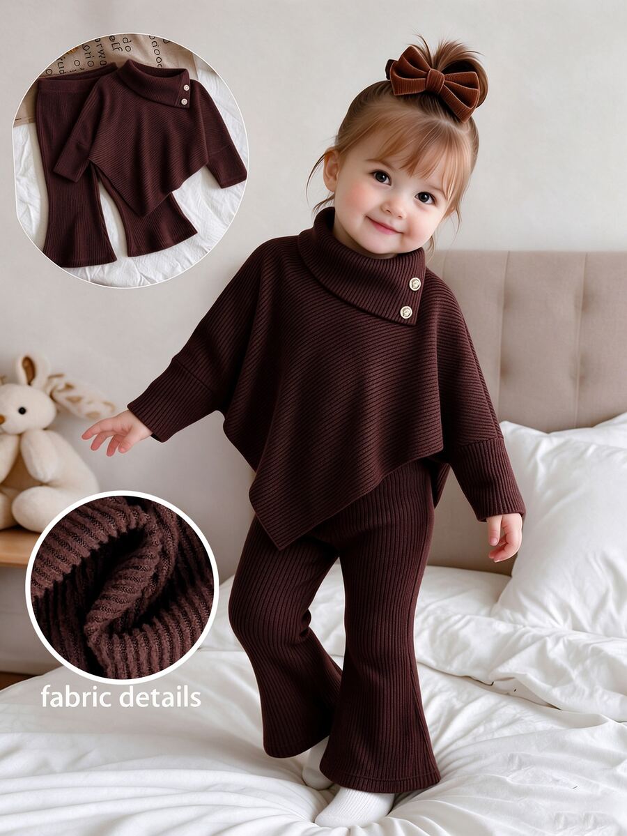 Baby Girl Solid Color Asymmetric Hem Long Sleeve T-Shirt And Flare Pants Casual Set - Brown - View 1