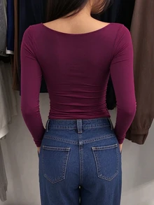 INAWLY Women's Solid Color Pleated Slim Fit Versatile Daily Wear Long Sleeve Top - Red Violet - View 7