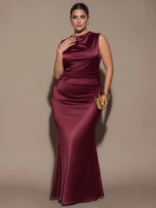 SHEIN BAE CURVE Plus Size Women Solid Color Pleated Casual Minimalist Party Dress - Brown - View 5