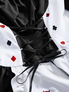 ROMWE Anime Váy mini nữ cosplay Alice Halloween hở vai, dây áo mảnh, phối màu caro - màu đen - Xem 11