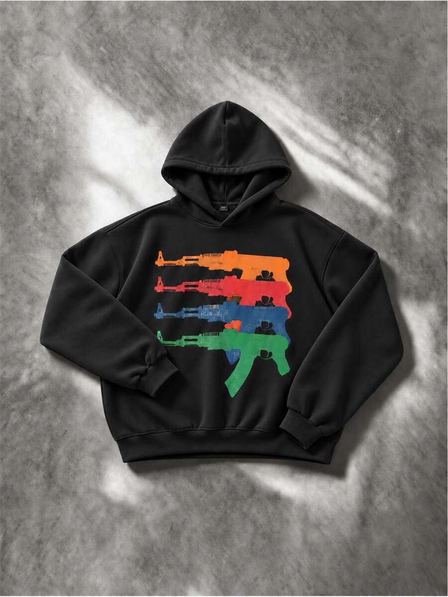 ROMWE MEN Street Life Men Gun Print Drop Shoulder Hoodie - Black - View 1