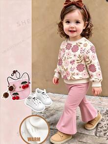 Baby Girl Autumn/Winter Cute Sweet Floral Butterfly Print Long Sleeve Crew Neck Sweatshirt And Flare Pants 2 Pieces Set, Cozy Fall & Winter Styles - Multicolor - View 4