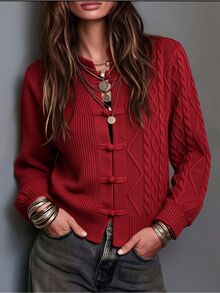 Struktiv Autumn/Winter New Chinese Style Frog Button Cable Knit Cardigan Women Red Vintage Sweater Open Front Jacket - Red - View 3