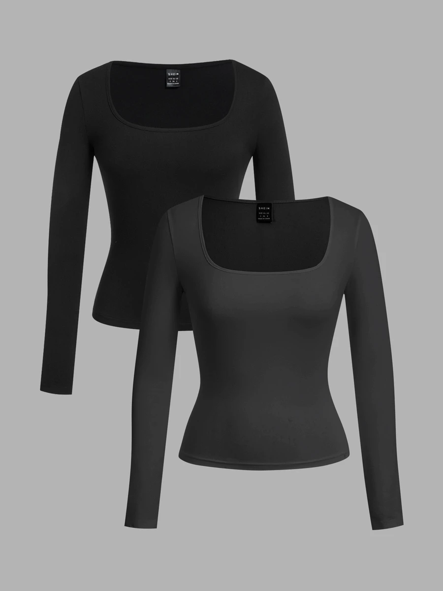SHEIN EZwear 2件組女款純色方領長袖休閒百搭T恤 - 彩色 - 查看 1
