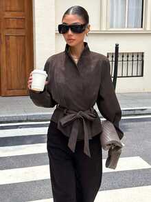 Muchica Women's Solid Color Waist Tie Casual Versatile Daily Long Sleeve Jacket - Brown - View 4