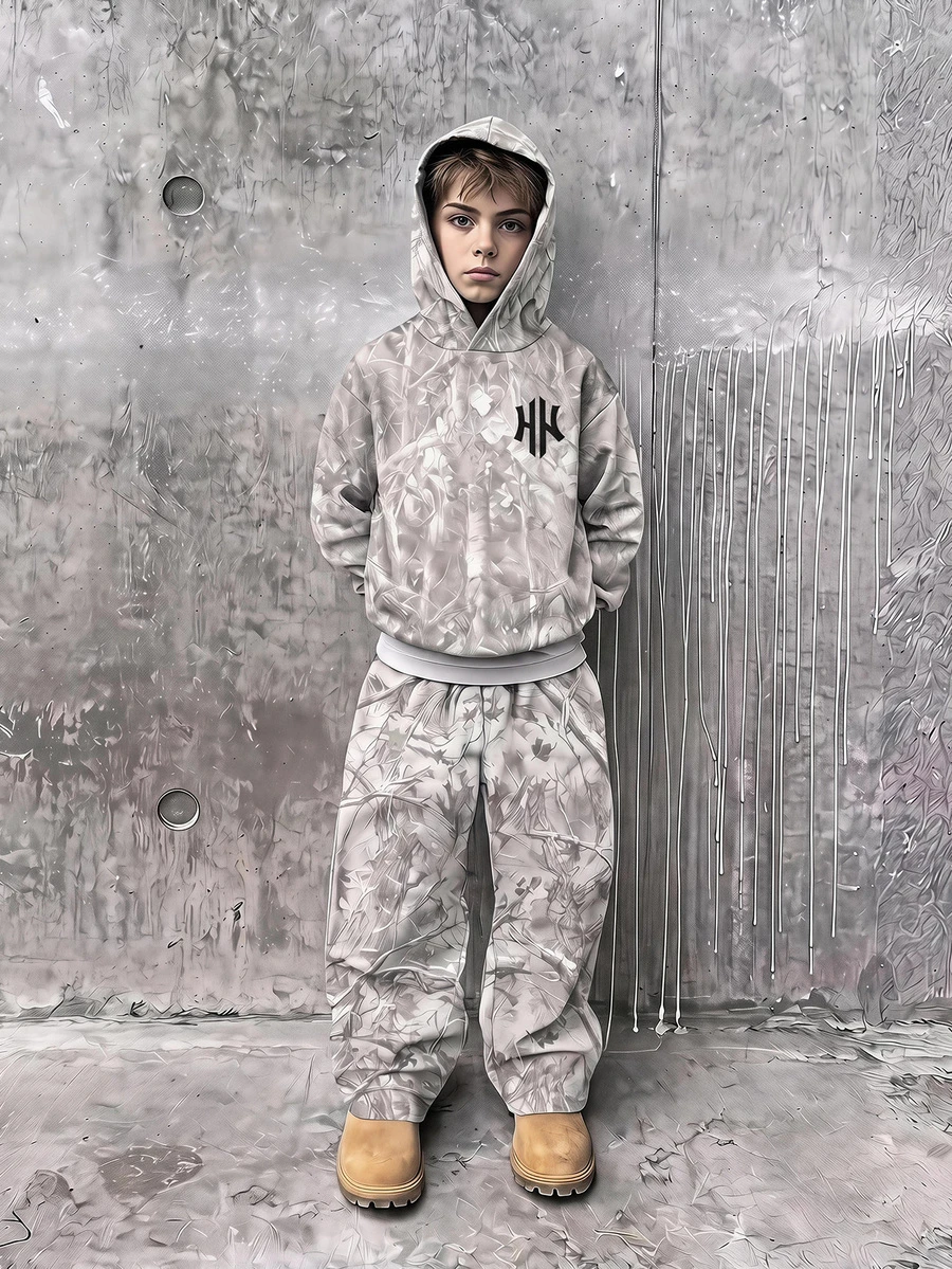 SHEIN Set Hoodie dan Celana Olahraga Anak Laki-Laki Remaja dengan Motif Huruf Pohon dan Bahu Longgar - Grey - View 1