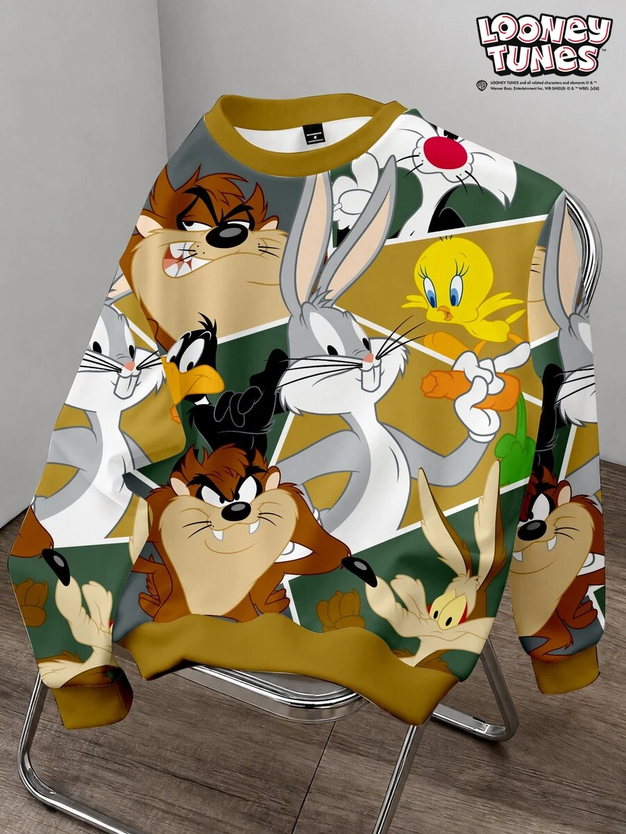 LOONEY TUNES X SHEIN Daypath 男士卡通印花休閒日常穿著長袖運動衫 - 白色 - 查看 1