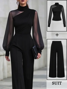 Elenzga High Neck Asymmetrical Shoulder Mesh Patchwork Long Sleeve Top + High Waist Drape Wide Leg Pants 2pcs Set, Elegant Slimming Black - Black - View 4