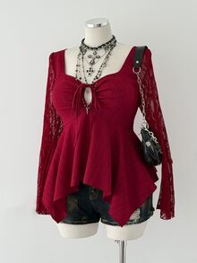 Sunspun Plus Size Women Solid Color Front Tie Contrast Lace Fashion Casual Shirt - Burgundy - View 6