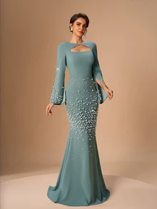 Serin Pearls Beaded Cut Out Front Trumpet Sleeve Mermaid Hem Mother Of The Bride Dress - Green - View 7