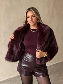 Auralis Burgundy Faux Fur/Plush Coat With Large Lapel – Perfect For Autumn/Winter Parties - Burgundy - View 8
