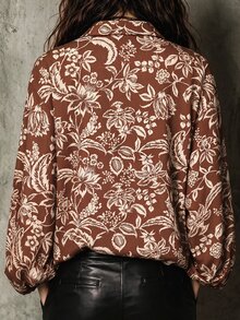Linhara CURVE Plus Size Plants Allover Print Lantern Sleeve Shirt - Brown - View 2
