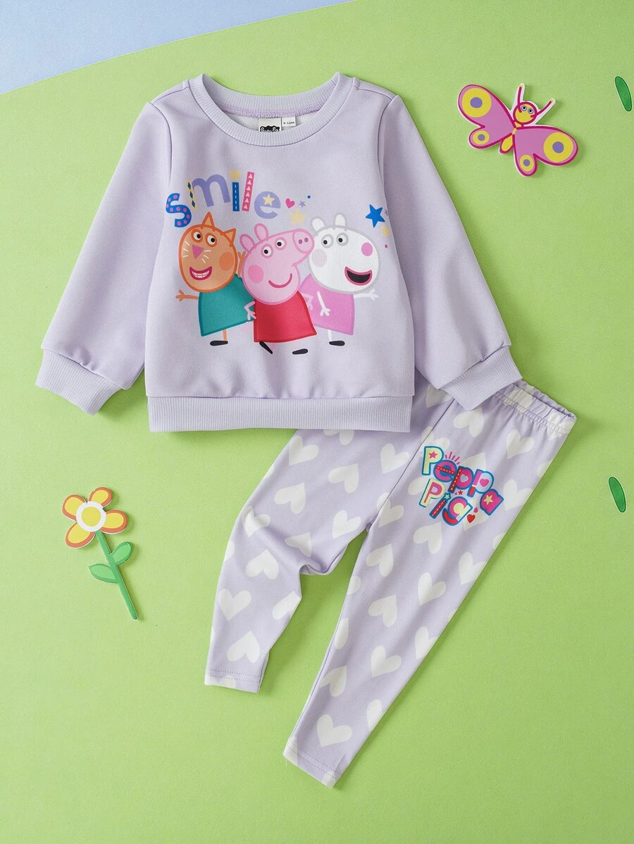 Peppa Pig X SHEIN Baby Girl Letter Cartoon Print Long Sleeve Sweatshirt And Pants Casual Daily Outfit - Purple - View 1