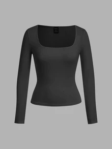 SHEIN EZwear 2件組女款純色方領長袖休閒百搭T恤 - 彩色 - 查看 6