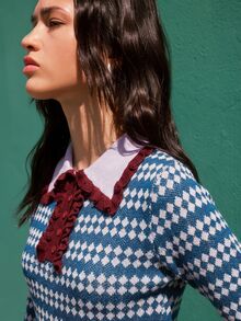 Nöista Women's Geometric Pattern Polo Collar Long Sleeve Casual Sweater - Blue - View 4