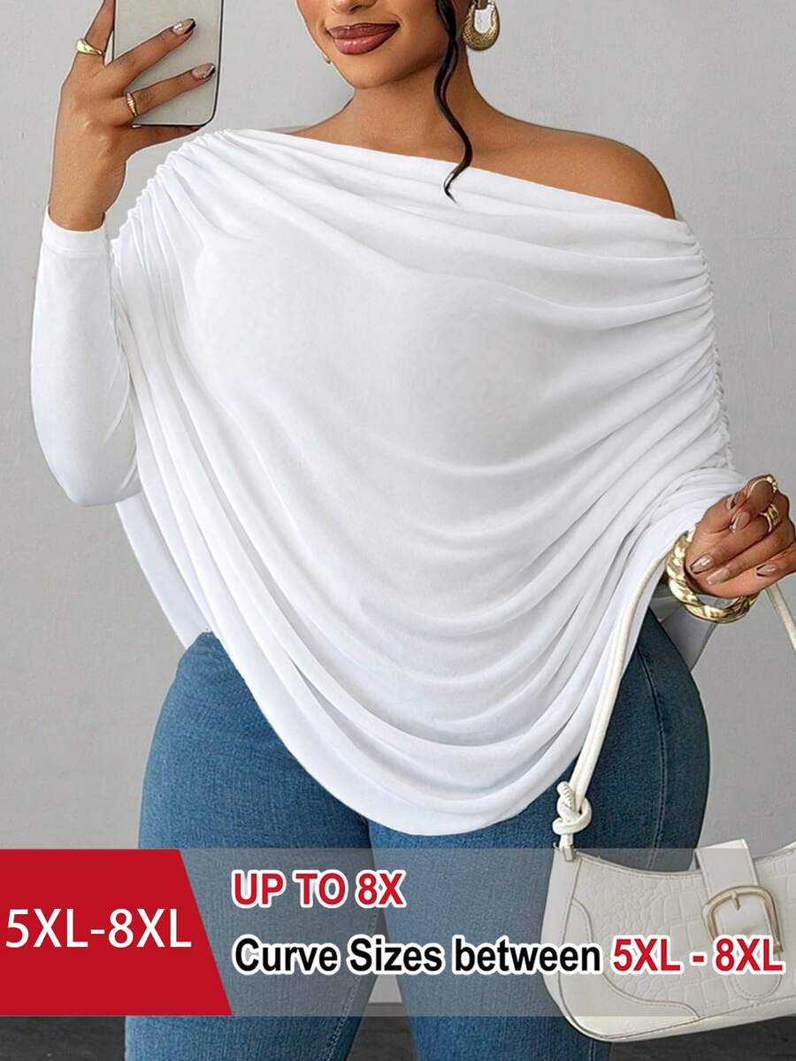 SHEIN CURVE+ Áo kiểu size lớn thiết kế lệch vai rủ tay dài, màu trơn, len dệt kim co giãn, hở vai, phong cách thanh lịch - trắng - Xem 1