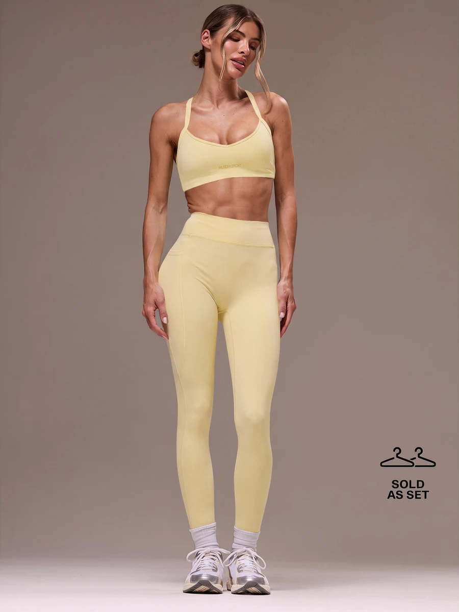Musera Sport 女款交叉背上衣與緊身褲運動套裝,適用健身房、健身、瑜伽、皮拉提斯、日常休閒 - Butter Yellow - 查看 1
