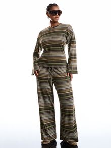 LYSMO Plus Size Women's Autumn/Winter Striped Long Sleeve Top And Pants Casual Daily 2 Pieces Set - Multicolor - View 4