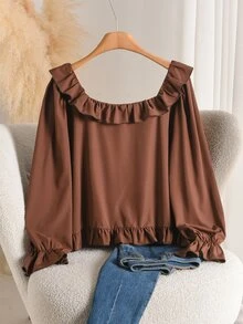 CosyJoli Kemeja Kasual Serbaguna untuk Wanita Ukuran Besar dengan Warna Polos, Cocok untuk Pemakaian Sehari-hari - Coklat - View 2