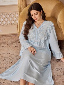 PalaceNights Embroidered Lace Loose Elegant Palace Style Plus Size Long Nightgown - Blue - View 6