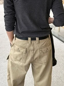 DAZY Celana Jeans Kargo Pria Model Lurus Warna Khaki Washed Distressed untuk Musim Semi/Gugur - Khaki - View 2
