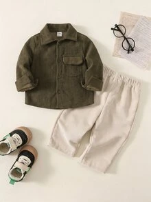 SHEIN 男嬰 2件組秋冬休閒可愛棕色燈芯絨襯衫套裝，嬰兒冬季穿搭，聖誕節 - 彩色 - 查看 4