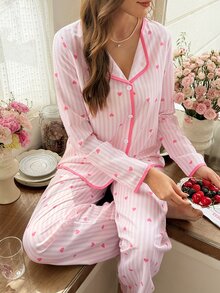 Snug Reverie طقم بيجامة نسائي بحجم قياسي بطبعة خطوط وقلوب، أكمام طويلة وبنطال طويل، بأسلوب رومانسي منعش، ملابس منزلية مريحة، مناسب لجميع الفصول - وردي فاتح - مشاهدة 3