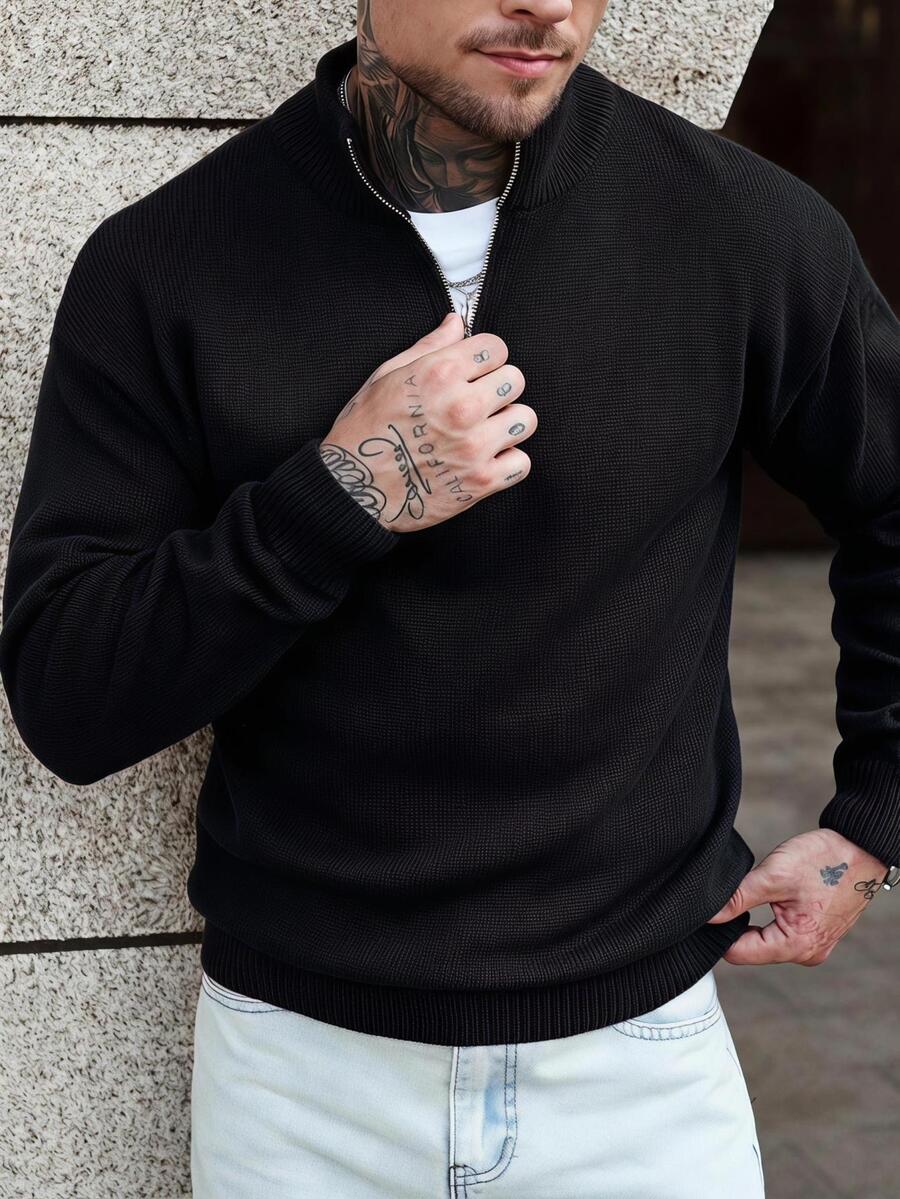 Manfinity Homme 男士四分之一拉鍊純色長袖休閒毛衣 酒紅色 - 黑色 - 查看 1