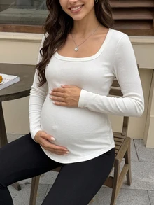 DAZY Solid Color Slim Fit Elastic Ribbed Square Neck Long Sleeve Casual Daily Vacation Korean Style Spring Autumn Maternity T-Shirt - White - View 6
