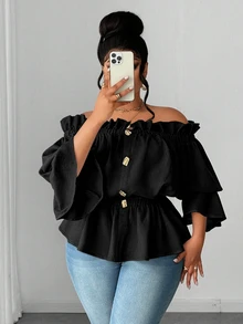 Maweii Plus Size Women Solid Color Off Shoulder Frill Trim Metal Design Blouse Fall - Black - View 6