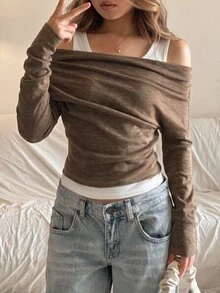 SHEIN 青少年女孩休閒不對稱T恤，不對稱領扭轉純色T恤，日常通勤內搭，混色針織長袖T恤 - 彩色 - 查看 5