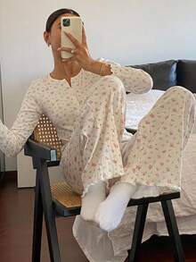 DAZY 2pcs/Set Women's Sweet Ditsy Floral Long Sleeve Cardigan Top & Straight Leg Long Pajama Pants Sleepwear Set - White - View 6