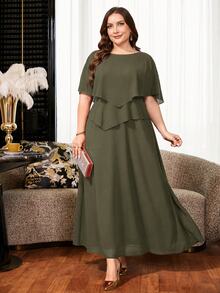 Reflora Plus Size Elegant Solid Color Party Dress - Army Green - View 3