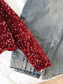 SHEIN Tween Girl Solid Color Long Sleeve Sequin Open Front Jacket, Autumn/Winter - Red - View 4